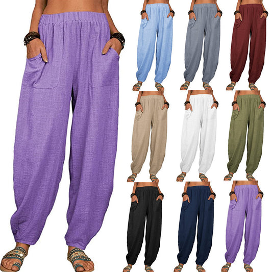 Pantalones bombachos holgados de lino y algodón para mujer, informales, a la moda, de color liso