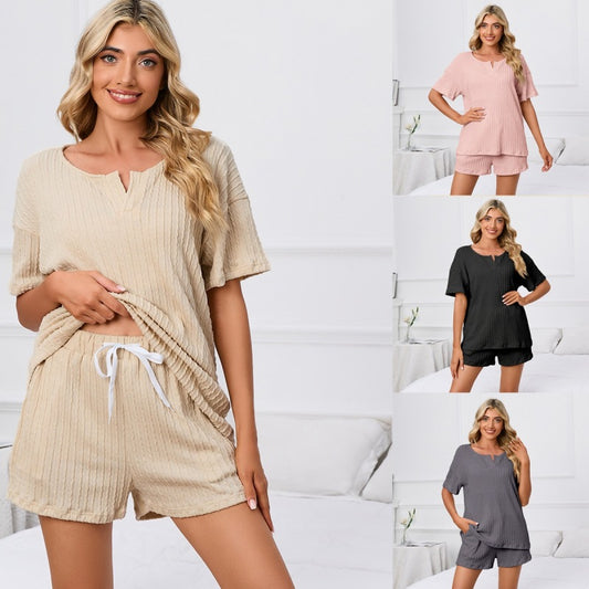 Conjunto de pijama para mujer, informal, de color liso, talla grande, de manga corta y pantalones cortos para el hogar
