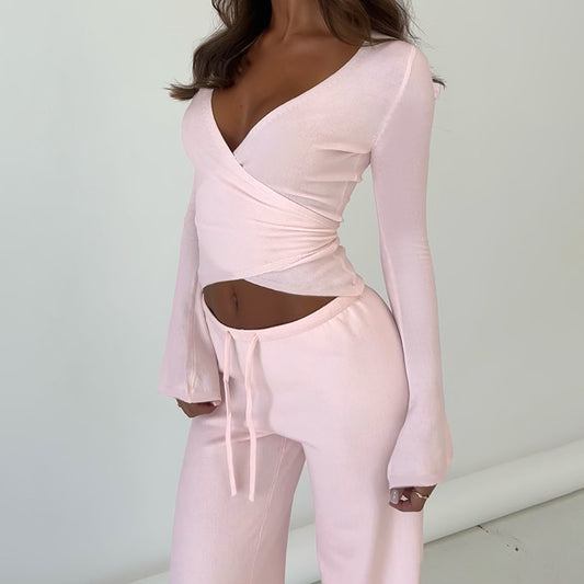 Conjunto de dos piezas de top informal con mangas abullonadas y pantalones holgados con forro polar para mujer