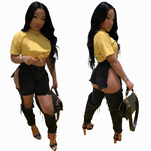 Vaqueros ajustados rotos con borlas informales de moda para mujer