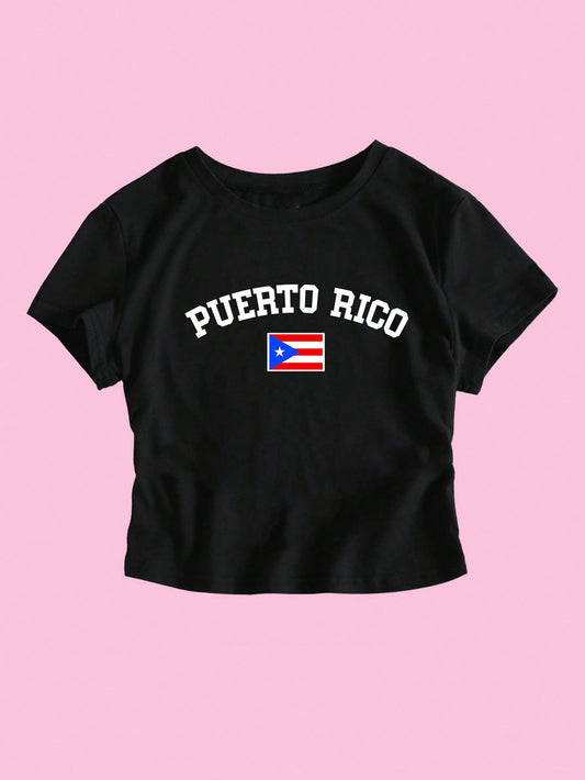 Camiseta corta informal de verano, ajustada, de manga corta y con estampado de letras campestres