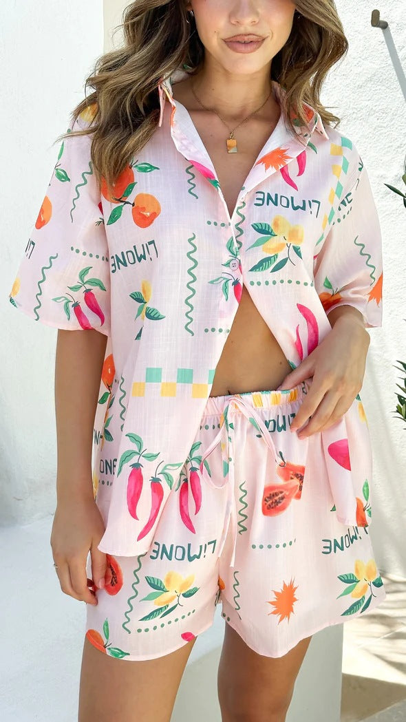 Women Fashion Casual Vacation Sun Printed Cardigan Shirt Short Sleeve Blouse Loose Shorts Set