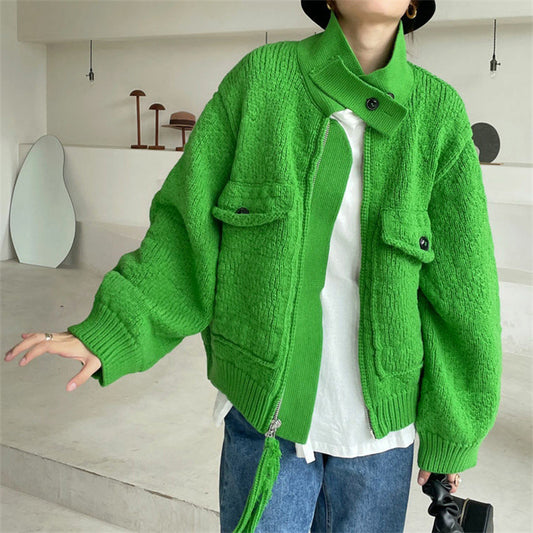 Casual Fashion Women Double Zipper Long Sleeve Knitted Sweater Coat