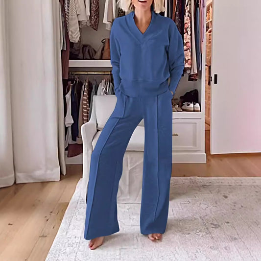 Conjunto de dos piezas de top y pantalones anchos de manga larga con escote en V para mujer