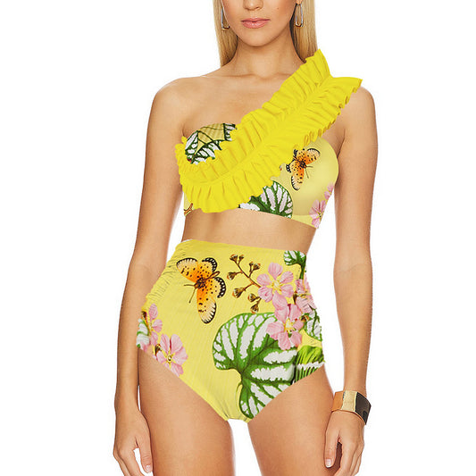 Conjunto de 2 piezas de traje de baño para mujer, informal, con estampado floral, top corto de un solo hombro y pantalones cortos ajustados