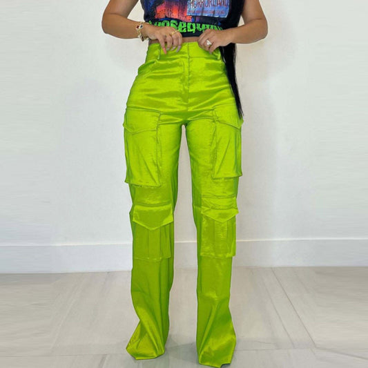 Women Fashion Casual Solid Color Multi-Pocket Cargo Pants