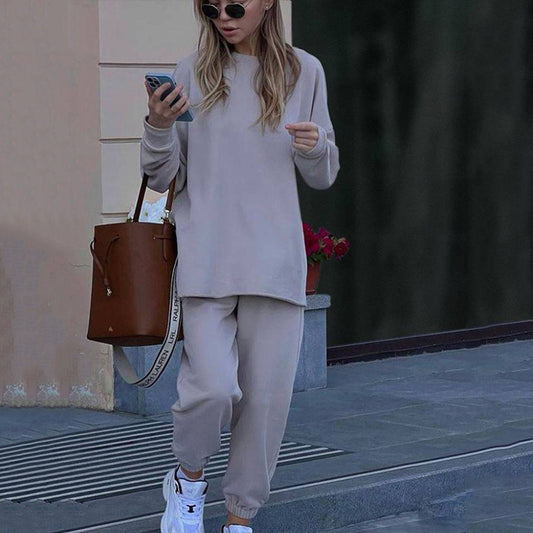 Conjunto deportivo informal de dos piezas para mujer, con camiseta de manga larga y pantalones elásticos de color liso para otoño e invierno