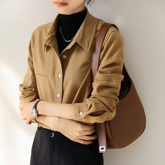 Women Fashion Casual Winter Long Sleeve Solid Thickened Corduroy Shirt Office Blouse