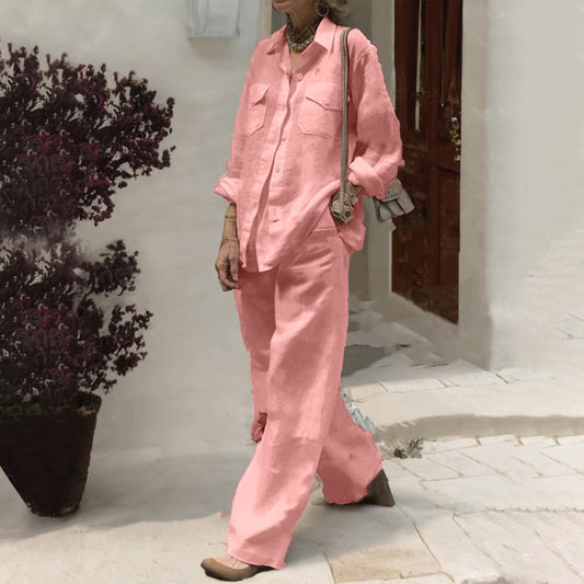 Conjunto de dos piezas de camisa y pantalones holgados de manga larga de color liso para mujer