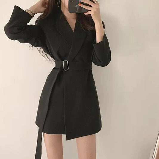 Blazer informal de longitud media con cinturón para mujer