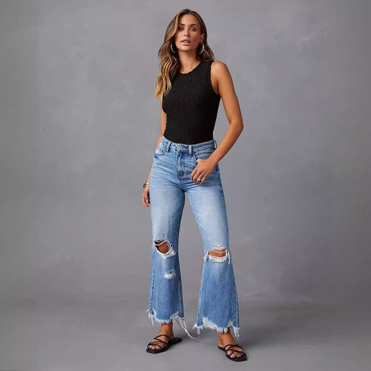 Women Casual Ripped High-Waist Straight Raw Hem Jeans
