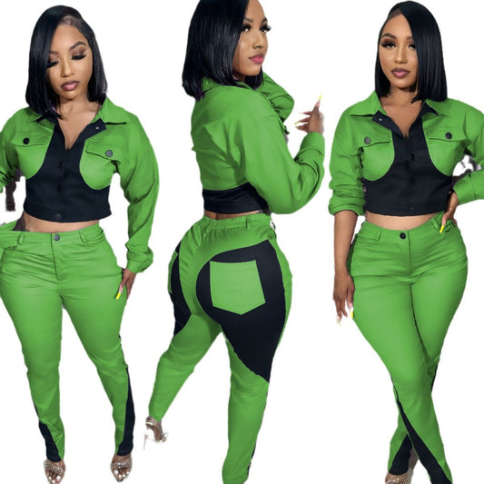 Women Casual Sports Stitching Color Long-Sleeved Top Pants Two-Piece Set