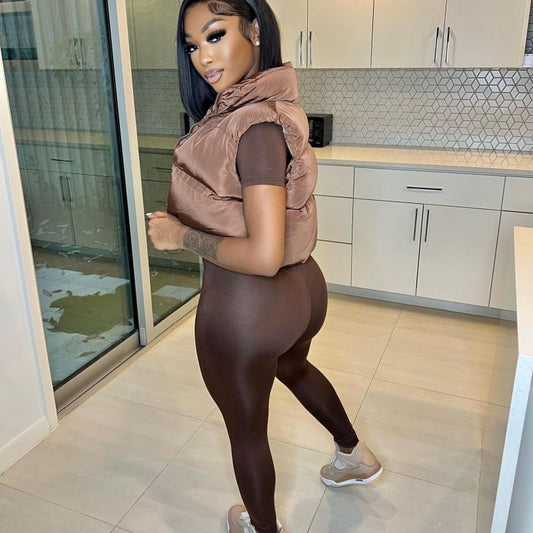 Women Solid Color Crew Neck Short Sleeve Top And High Waist Pants Casual Fashion Sports Yoga Two-Piece Set