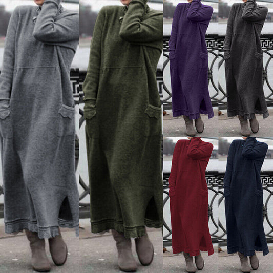 Vestido largo informal de otoño e invierno, holgado, de talla grande, de punto, con encaje, manga larga, bolsillos, color liso