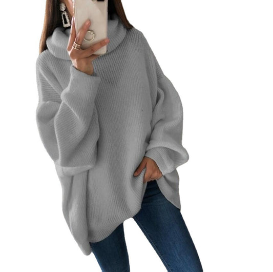 Women Fashion Casual Solid Color Pile Collar Plus Size Loose Knitted Sweater
