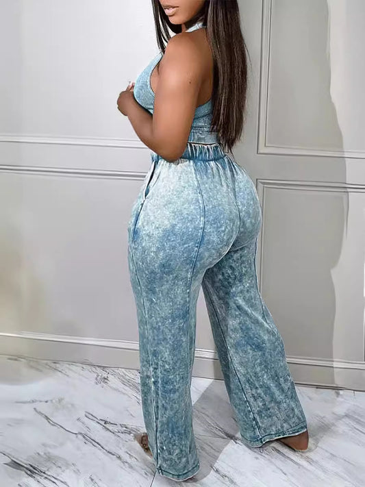 Women Fashion Casual Solid Color Tank Top Pocket Drawstring Pants Two-Piece Set