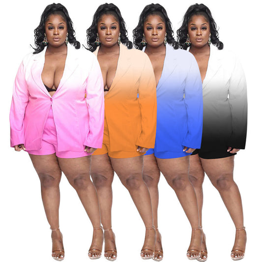 Conjunto de dos piezas de blazer, top y pantalones cortos de manga larga con degradado informal para mujer de talla grande