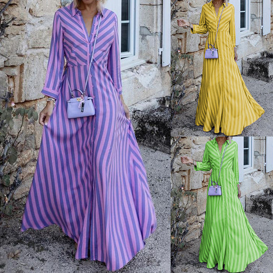 Women Fashion Casual Stripe Long Sleeve Maxi Shirt Dress