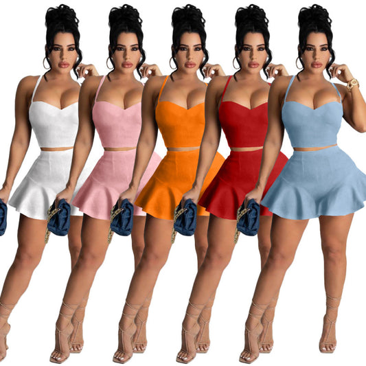 Traje de dos piezas informal de color sólido ajustado para mujer, chaleco y pantalones cortos con volantes