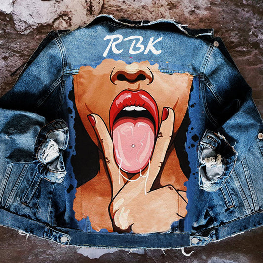 Chaqueta vaquera informal de manga larga con estampado gráfico y botonadura sencilla para mujer