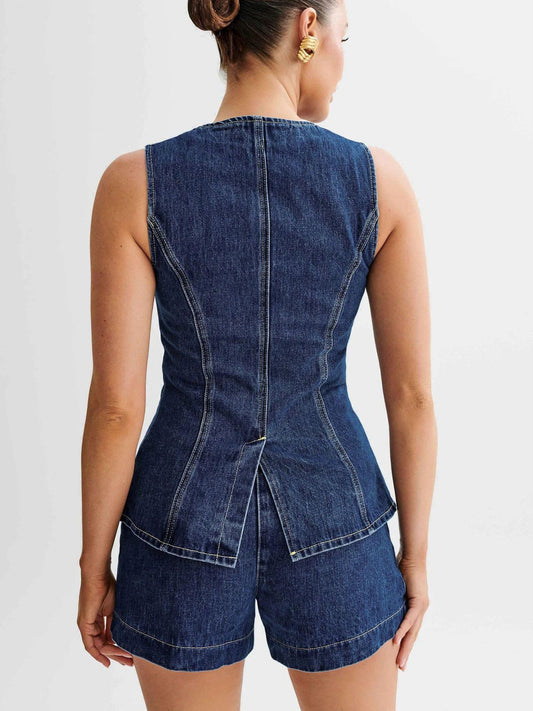Women Fashion Casual Sleeveless Vest And Denim Shorts Two-Piece Set