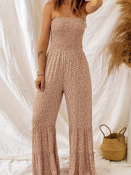 Women Casual Tiny Flower Print Sling Wide Leg Jumpsuits