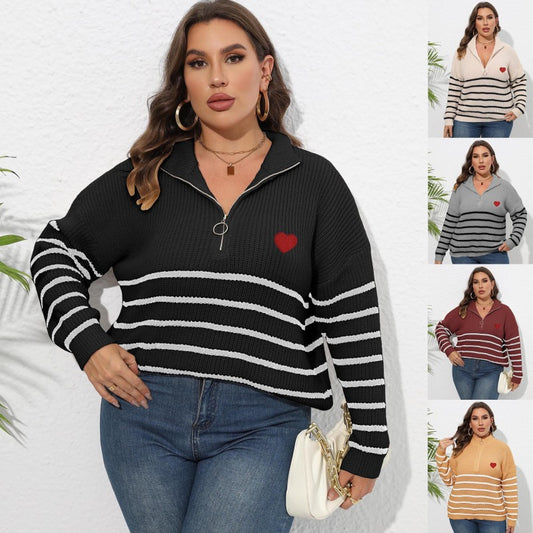 Suéter de punto informal para mujer, talla grande, invierno, otoño, a rayas, media cremallera y solapa