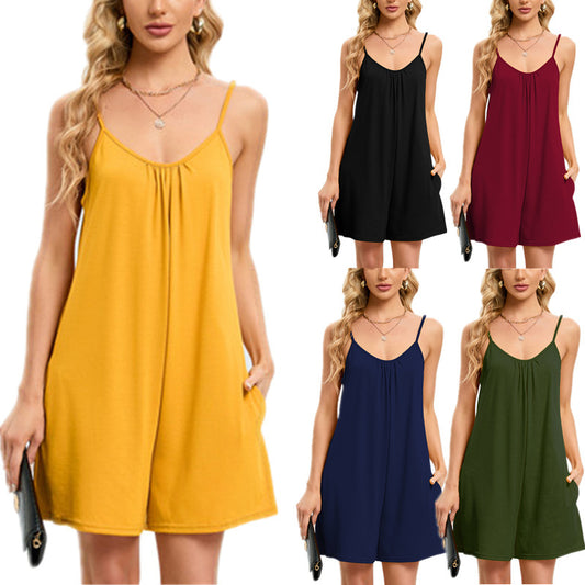 Women'S Fashion Casual Basic Solid Color Loose Suspender Rompers