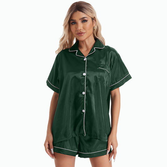Conjunto de pijama de manga corta con solapa informal de imitación de seda para mujer