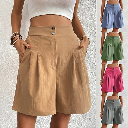 Pantalones cortos holgados de cintura alta de color liso informales de verano para mujer