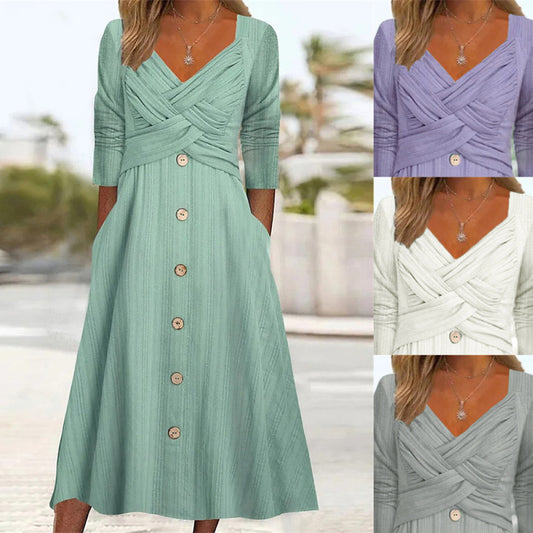 Vestido largo informal de moda para mujer, color liso, escote en V, diseño cruzado, abotonado