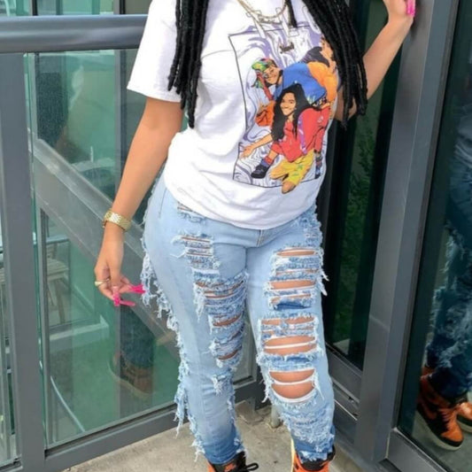 Vaqueros ajustados, rasgados y elásticos de cintura alta para mujer