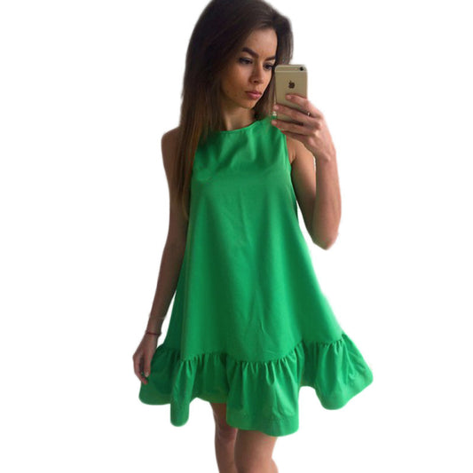 Summer Women Casual Solid Color Beach Party Ruffled Sleeveless Fashion Mini Dress