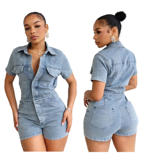 Women Fashion Casual Stretch Lapel Short Sleeve Denim Rompers