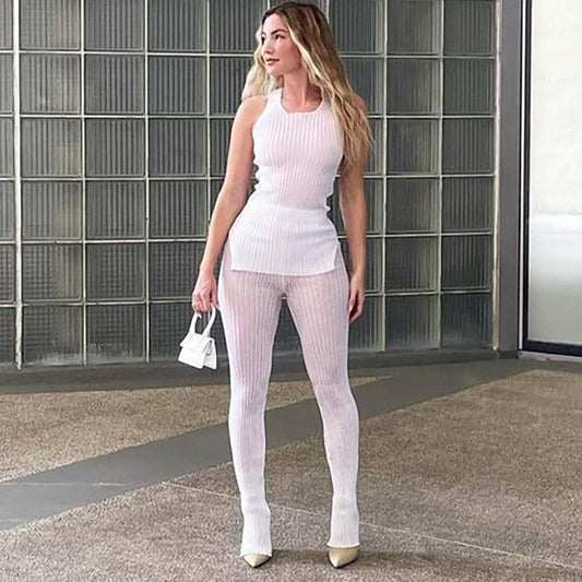 Conjunto informal de camiseta sin mangas con abertura y pantalones ajustados transparentes para mujer
