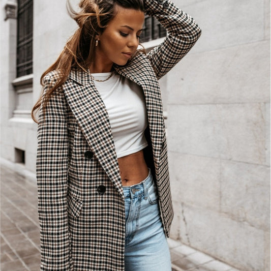 Chaqueta de traje de manga larga con estampado a cuadros informal a la moda para mujer