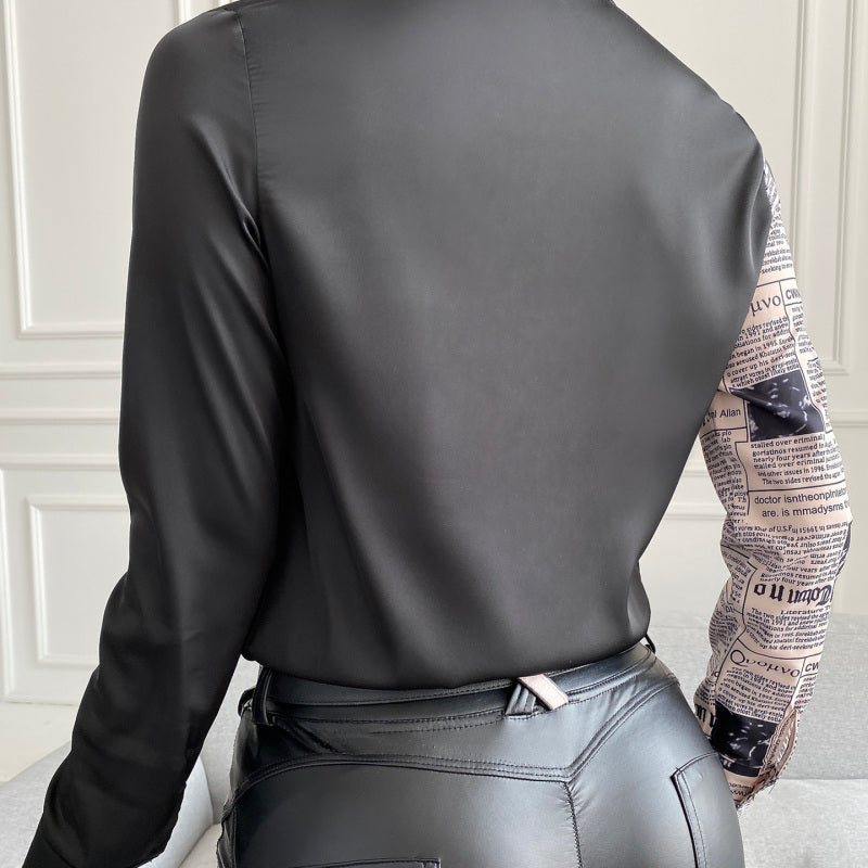 Blusa elegante informal de trabajo con estampado de letras, mangas largas, solapa y bloques de color para mujer
