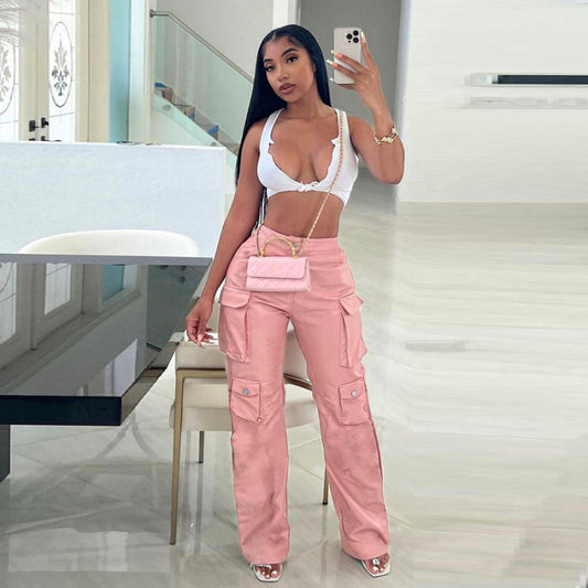 Pantalones anchos multibolsillos holgados informales de moda para mujer