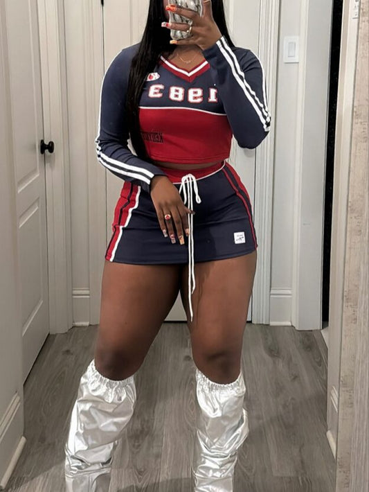 Ywomen Fashion Casual Letter Printed Long Sleeve V-Neck Top Tight Drawstring Skirt Two-Piece Set