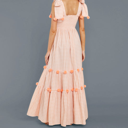 Women Sweet Casual Bohemia Plaid Color Blocking Sleeveless A-line Maxi Dress