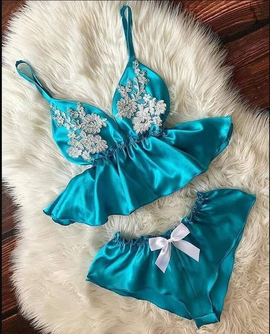 Conjunto de pijama informal sin mangas con encaje y retazos de satén para mujer