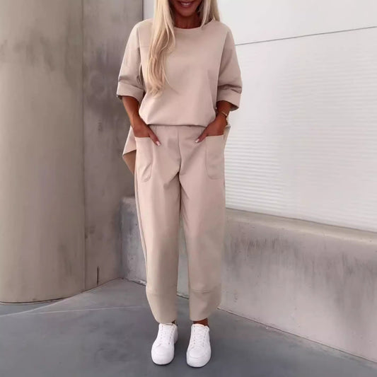 Conjunto de dos piezas formado por camiseta y pantalón de manga larga, cuello redondo, color liso, informal, para mujer, otoño e invierno