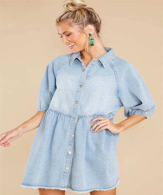 Women Fashion Casual Lapel Shirt Denim Dress
