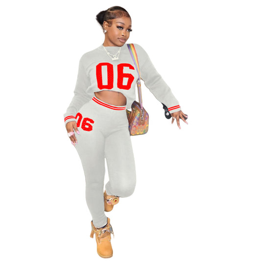Women Fashion Casual Letters Long Sleeve Round-Neck Sweater Tight Pants Knitted Stwo-Piece Set