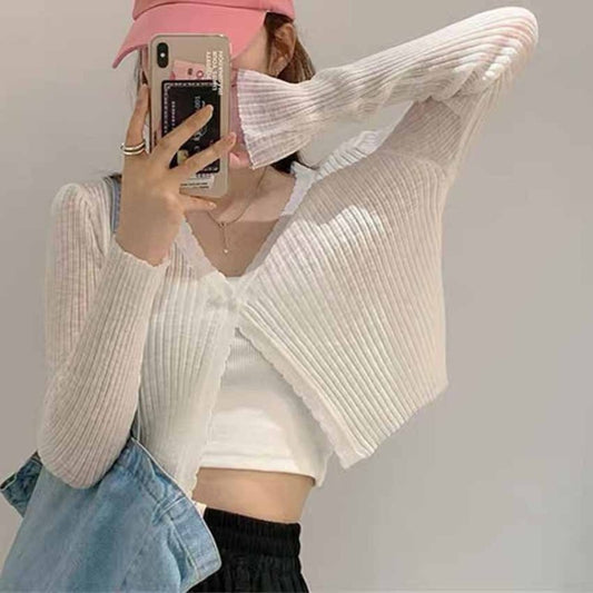 Cárdigan informal de punto de color liso para mujer, top de manga larga