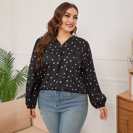 Blusa informal de manga larga con cuello en V y estampado de talla grande para mujer