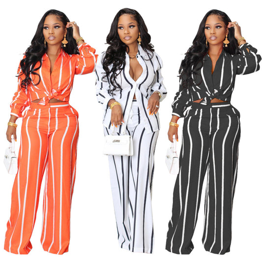 Women Stripe Print Long Sleeve Shirt Blouse Top And Wide Leg Pants Casual Two-Piece Set