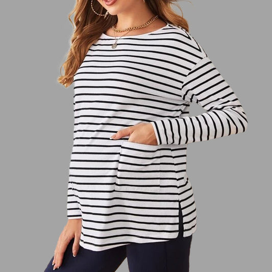 Camiseta de manga larga con cuello redondo y bolsillo a rayas para mujer embarazada