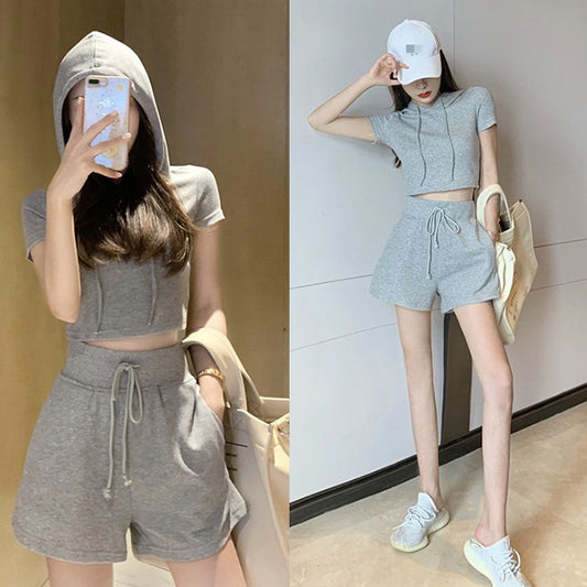 Women Fashion Casual Hooded Short Sleeve Top Shorts Sport Set