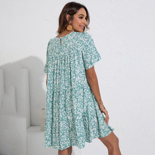 Women Summer Sweet Elegant Ruffled Casual Floral Print Bohemian Round Neck Short Sleeves Loose Mini Dress